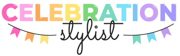Celebration Stylist Logo in rainbow colors and black script