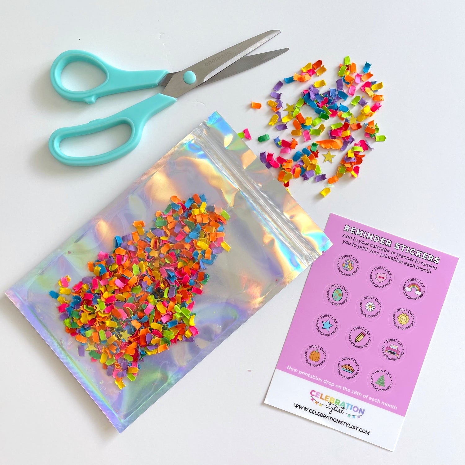 Celebration Starter Pack with Confetti, Scissors, and Reminder Stickers