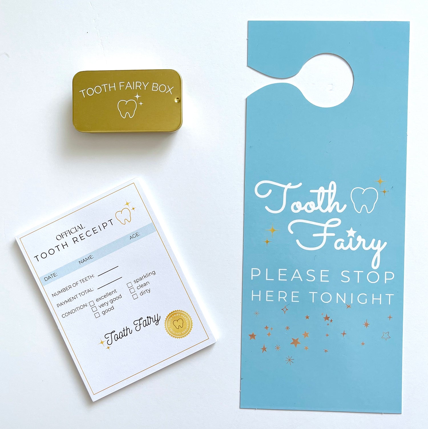 Tooth Fairy Receipts Notepad, Sign, and Tin