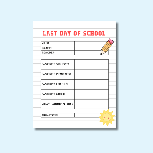 Last Day of School Sheet